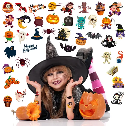 Miniatura 2 de Smilinfit Tatuajes temporales de Halloween para niños, recuerdos de fiesta de Halloween, hojas envueltas individualmente, suministros de decoración