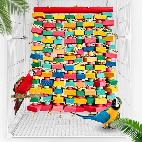 Juguetes de pájaros extra grandes para guacamayos, bloques de madera multicolor juguete para masticar pájaros, jaula de loro, juguete de mordida