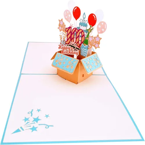 Miniatura 4 de iGifts And Cards Tarjeta desplegable 3D de cumpleaños número 100: caja de fiesta azul centro de mesa de champán - Saludo de hito para padres
