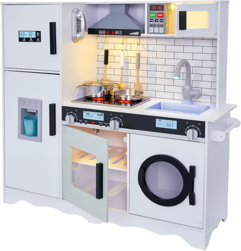 Lil' Jumbl Juego de cocina para niños, cocina de madera de simulación, máquina de hielo a pilas, microondas, campana extractora, estufa, horno, con