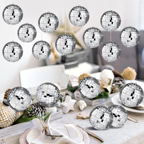 Miniatura 7 de 17 Piezas de Decoración de Bola de Discoteca: Bolas de Discoteca Colgantes de Espejo de Tamaño Variado Mini y Grande - Adornos de Navidad Plateados
