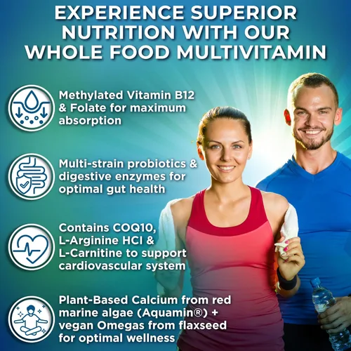 Miniatura 2 de Multivitamínico vegano de alimentos integrales sin hierro, multivitamínico metilado para mujeres y hombres, hecho con frutas y verduras, complejo B