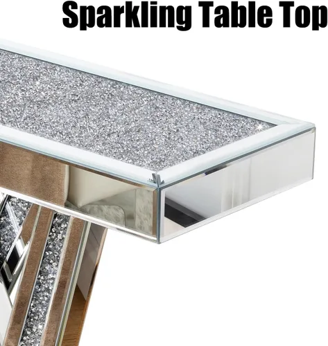 Miniatura 3 de Mesa consola moderna plateada con espejo, mesa de sofá de cristal con incrustaciones de cristales triturados, mesa de entrada de 35 pulgadas