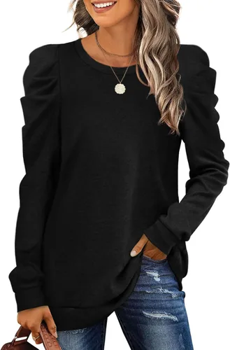 XIEERDUO Sudaderas para mujer, cuello redondo, manga abombada, suéteres sueltos, ropa moderna y fluida