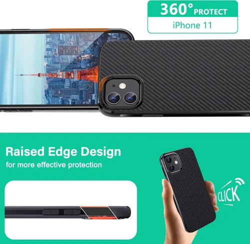 Miniatura 4 de ONES Funda delgada para iPhone 11, patrón de fibra de carbono, ultra delgada, funda protectora a prueba de golpes con diseño minimalista y Negro