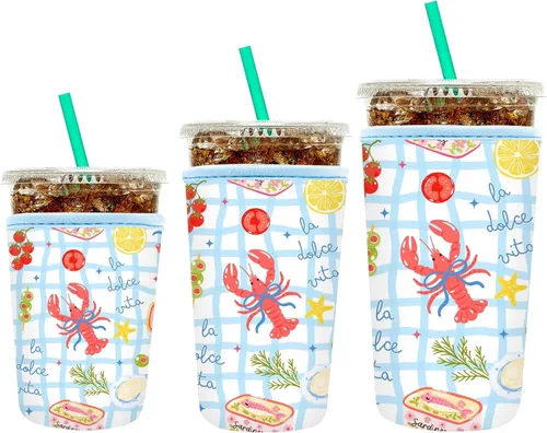 Miniatura 30 de YR Funda aislante de neopreno reutilizable para tazas de café helado, paquete de 3 fundas para bebidas heladas y calientes, enfriador de bebidas