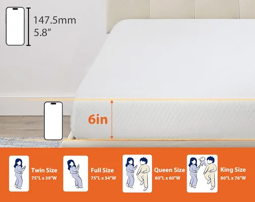 Miniatura 6 de Colchón de tamaño individual de 5/6/8/10/12 pulgadas con funda, colchón de espuma viscoelástica de gel refrescante para un sueño fresco y alivio