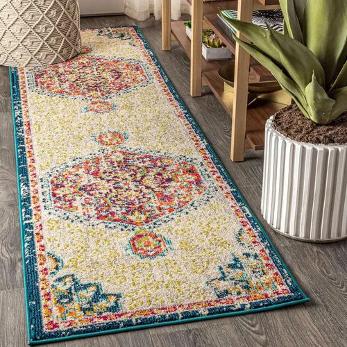 JONATHAN Y Alfombra bohemia vintage color crema y naranja, 2 x 8 pulgadas, medallón tradicional de estilo bohemio, fácil de limpiar para sala de