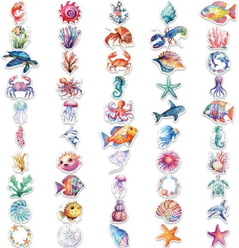 Miniatura 7 de Calcomanías impermeables de animales marinos para botellas de agua, 100 calcomanías estéticas de vinilo de animales marinos para laptop, álbum