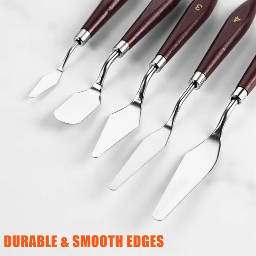 Miniatura 4 de Cuchillo de paleta – 5 cuchillos de acero inoxidable con bordes lisos y mango de madera para un agarre resistente, raspador de mezcla para pintura