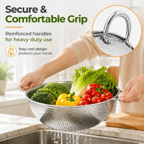 Miniatura 5 de TeamFar Colador de 3 coladores de acero inoxidable perforado con asas para espaguetis, pasta, bayas, libre de óxido y apto para lavavajillas, 1/3/5