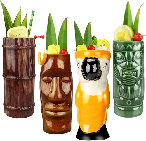 Miniatura 3 de LINALL Tiki Mugs - Juego de 8 tazas de cóctel de cerámica TIKI tazas hawaianas para fiesta hawaiana, vasos de cóctel exóticos hawaianos TKSET0080