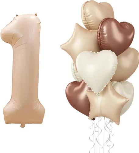 Globo de 40 pulgadas con número 1, globo de aluminio color marrón crema con forma de corazón neutro, 1 globo con estrella color taupe de helio para