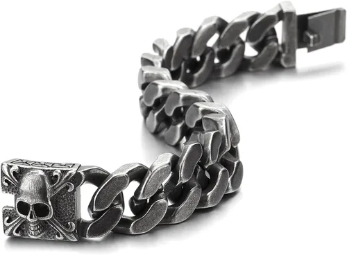 Miniatura 4 de COOLSTEELANDBEYOND Pulsera de cadena de acero cepillado vintage grande para hombre con flor de lis y calavera