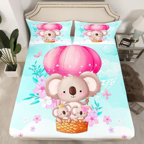 Manfei Koala - Juego de sábanas bajeras de tamaño individual, 2 piezas con globo aerostático rosa, para decoración de habitación de niños y niñas,