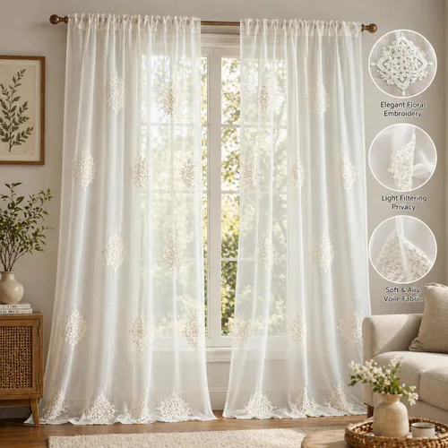 Miniatura 6 de VOGOL Cortinas traslúcidas de 84 pulgadas de largo, cortinas traslúcidas blancas con bordado floral europeo para sala de estar, comedor, bolsillo