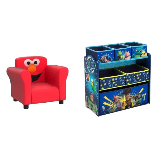 Delta Children Sesame Street Elmo - Silla tapizada, color rojo y Disney/Pixar Toy Story 4 y 6 cubos de diseño y almacenamiento organizador de