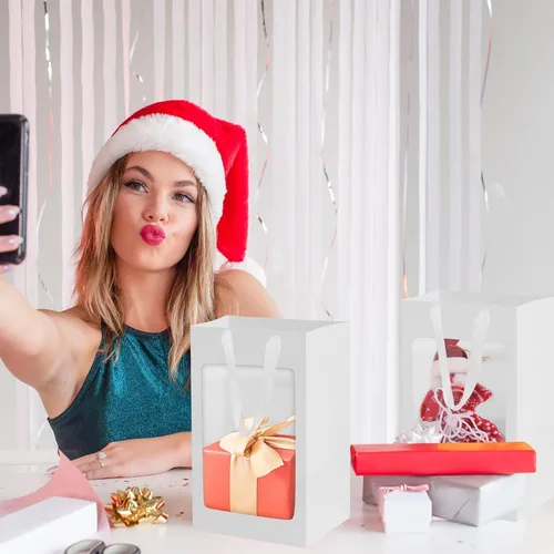 Miniatura 3 de 12 bolsas de regalo de papel kraft blanco con ventana transparente, 9.84"x7.0"x5.12" bolsas de compras kraft con asas para ramos, Navidad