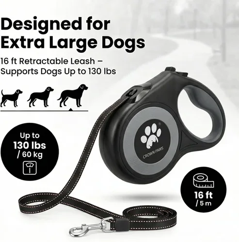 Miniatura 4 de Correa retráctil de 16 pies para perros extra grandes de hasta 130 libras, cinta de nailon sin enredos, color negro Dan24 XL