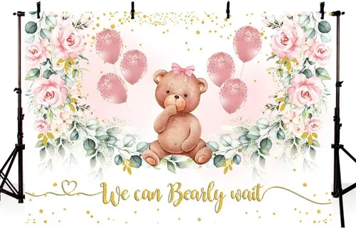 Miniatura 2 de MEHOFOND Telón de fondo de fiesta de oso para baby shower para niña, fondo de fotografía floral rosa rubor, puntos con purpurina dorada, hojas