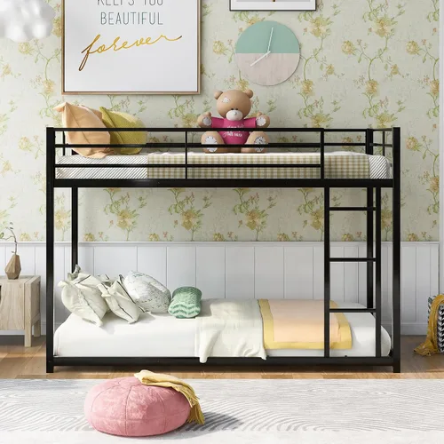 Miniatura 3 de Harper & Bright Designs Litera de metal individual sobre individual, litera baja resistente con barandillas de seguridad y escalera (negro)