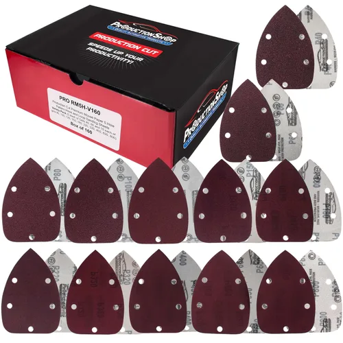 Miniatura 8 de ProductionShop Hojas de papel de lija de lija de grano 180 premium con 5 agujeros, caja de 45 unidades, almohadillas de disco de mouse