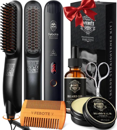 Alisador de barba de lujo para hombres, cepillo iónico de barba calentado con LCD, 5 ajustes de temperatura, antiquemaduras, kit de alisador de pelo