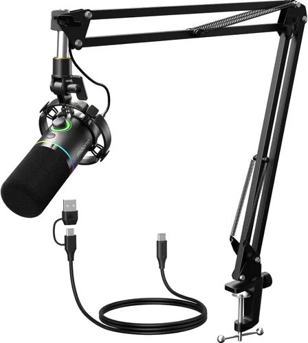 MAONO Kit de micrófono dinámico XLR/USB, micrófono podcast RGB con software, silencio, perilla de ganancia, control de volumen, brazo de brazo para