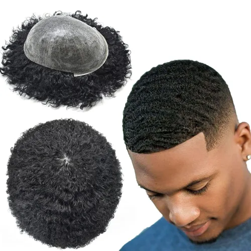 Miniatura 15 de Afro Curl Toupee para hombres unidades de cabello humano real para hombres negros inyectados PU tupé afroamericano para hombre postizo de pelo
