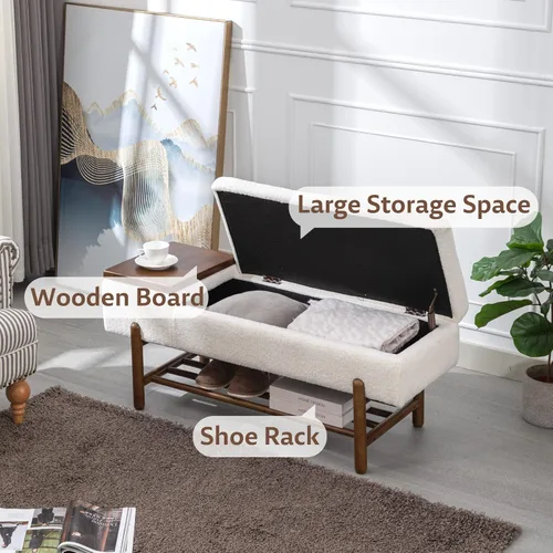Miniatura 4 de ROCITY Banco de sherpa beige para dormitorio, extremo de la cama, banco otomano tapizado con asiento acolchado para sala de estar, entrada, lana