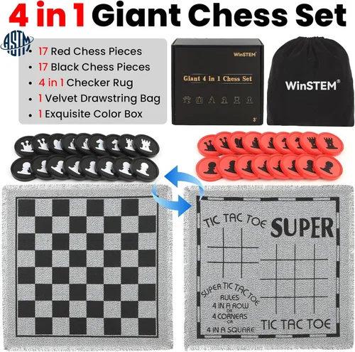 Miniatura 2 de Juego de ajedrez gigante 4 en 1, ajedrez gigante y damas gigantes y dedo grande de Tic Tac, juego de mesa de ajedrez gigante para niños y adultos