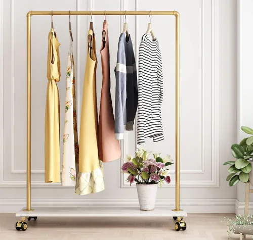 Miniatura 8 de Perchero de metal dorado con estante de madera, perchero resistente con ruedas para dormitorio, uso en boutiques minoristas (37.4 pulgadas de largo)