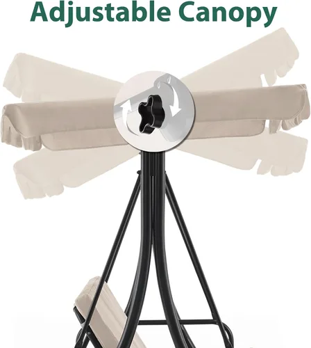 Miniatura 10 de MCombo Columpios de patio de 3 asientos con marco de acero resistente a la intemperie, toldo ajustable, columpio reclinable para porche al aire Beige