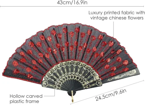 Miniatura 2 de InnoLife Elegante abanico de mano plegable con flores bordadas y patrón de pavo real con lentejuelas en tela artesanal (5 piezas, rojo)