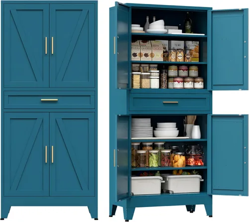 Miniatura 15 de COFaR Home Farmhouse - Armario de almacenamiento con 2 puertas de granero, armario alto de despensa de cocina con 3 estantes ajustables, para Azul