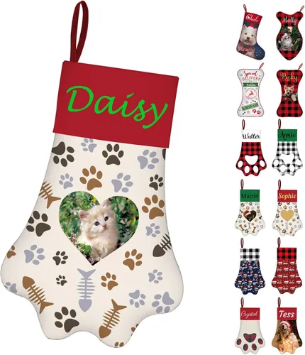 Miniatura 18 de Calcetines de Navidad personalizados con foto de nombre, medias personalizadas en forma de hueso para perros, gatos, mascotas, medias de Navidad