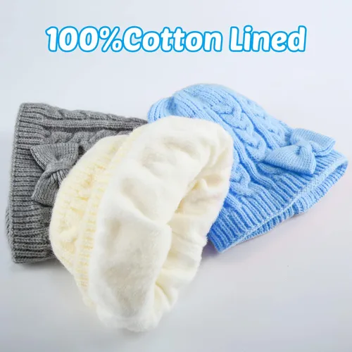 Miniatura 7 de 3 Pieces Fleece Lined Baby Beanie with Bow, Infant Newborn Toddler Kids Winter Warm Knit Cap for Boys Girls