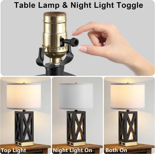 Miniatura 3 de Lámpara de mesa de madera con 3 temperaturas de color, lámpara de mesa de noche con salida de CA, puerto de carga USB A y C, lámpara de noche