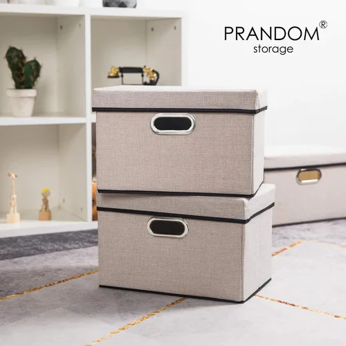 Miniatura 2 de PRANDOM Contenedor de almacenamiento plegable con tapa [1 unidad] Caja de almacenamiento decorativa de tela de lino, cesta organizadora con asas