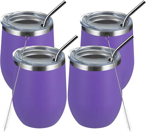 Miniatura 51 de MEWAY Vaso de vino sin tallo de 12 onzas con tapa, vaso de viaje de acero inoxidable con aislamiento de doble pared al vacío con popote, para Negro