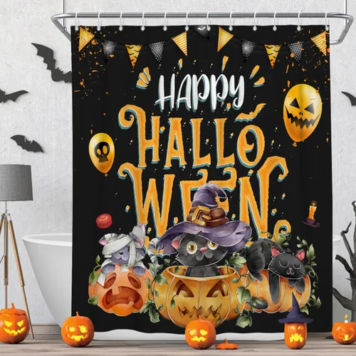 Miniatura 4 de Cortina de ducha de Halloween, cortinas de ducha de calabaza y gato aterradoras para baño, decoración de fiesta de Hlloween, cortina de baño