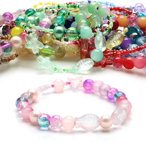 Miniatura 4 de Rired 27 Kit de 760 piezas de cuentas mixtas para manualidades, kit de fabricación de pulseras de cuentas de vidrio rosa, cuentas de cristal