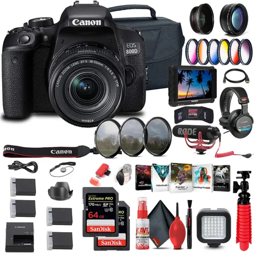 Canon Cámara DSLR EOS Rebel 800D / T7i con lente STM 18-55 4-5.6 is (1895C002) + monitor 4K + Pro Mic + auriculares Pro + 2 tarjetas de memoria de