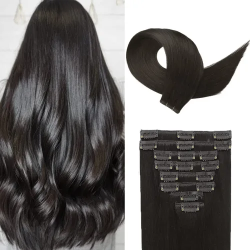 Miniatura 17 de Extensiones de cabello humano con clip, de 18 pulgadas, 8 piezas, color negro azabache, extensiones de cabello humano real para mujer, extensiones