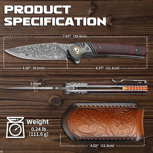 Miniatura 4 de Omesio Cuchillo de bolsillo de damasco, hoja de acero de damasco de 3.27 pulgadas, mango de palisandro, cuchillo plegable EDC con clip y funda