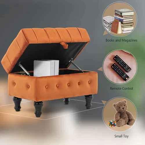 Miniatura 9 de Mesa de Centro Otomana de Almacenamiento Rectangular, Reposapiés Otomana de Dormitorio con Tapicería de Terciopelo Abotonado Capitoné para Sala