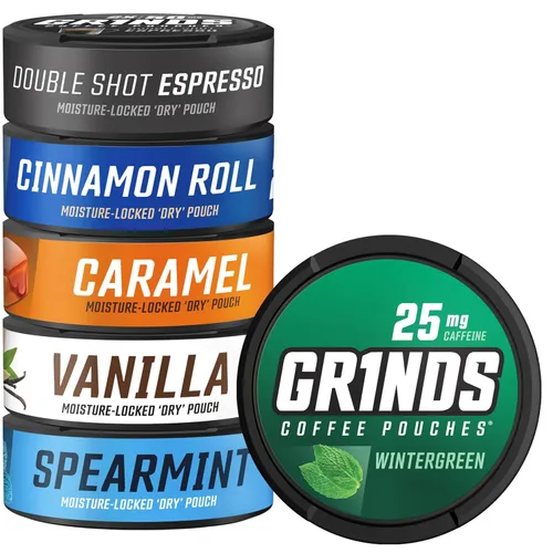 Miniatura 13 de Bolsas de café Grinds 5 latas de muestra Espresso doble, vainilla, New Orleans, doble mocha, caramelo cada bolsa equivale a 1/4 taza de café
