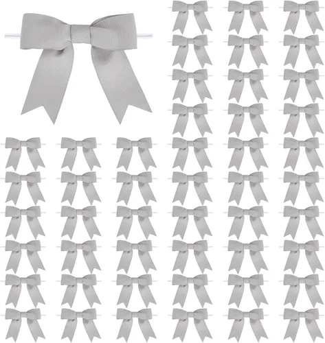 Miniatura 30 de Meseey 50 lazos de grogrén de 3 pulgadas, color gris plateado, preatados, para bolsas de golosinas, cesta de envoltura de regalo, boda, baby shower