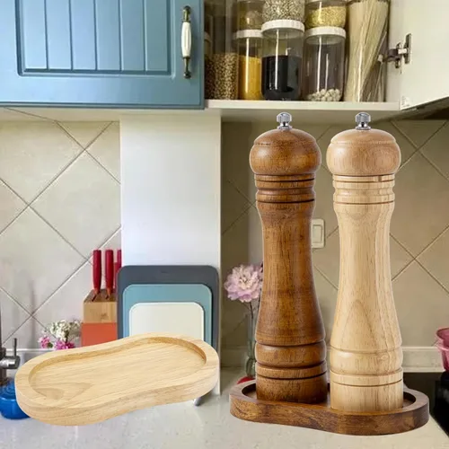 Miniatura 6 de Bandeja de molino de madera de sal y pimienta, soporte para molinillo de pimienta de color retro, superficie de trabajo y protector de mesa de G