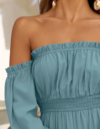 Miniatura 141 de ZESICA - Vestido largo, bohemio y sexy, con hombros descubiertos y manga larga fruncida, con elástico fruncido, cintura alta y abertura lateral